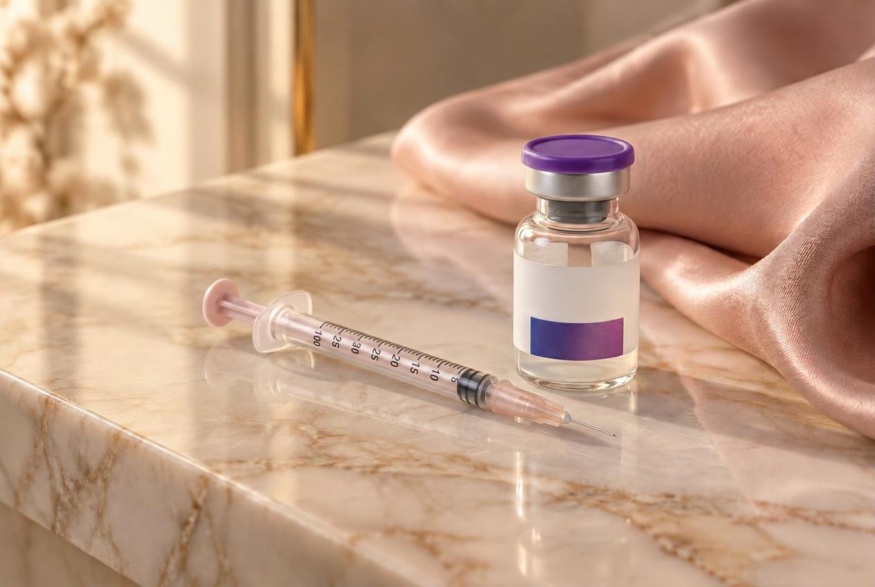 Illustrative purple-capped vial beside a slim pink syringe with a tiny needle