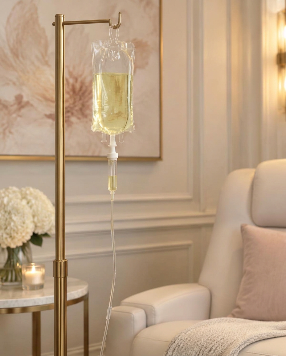 IV bag with pale yellow fluid in a treatment lounge