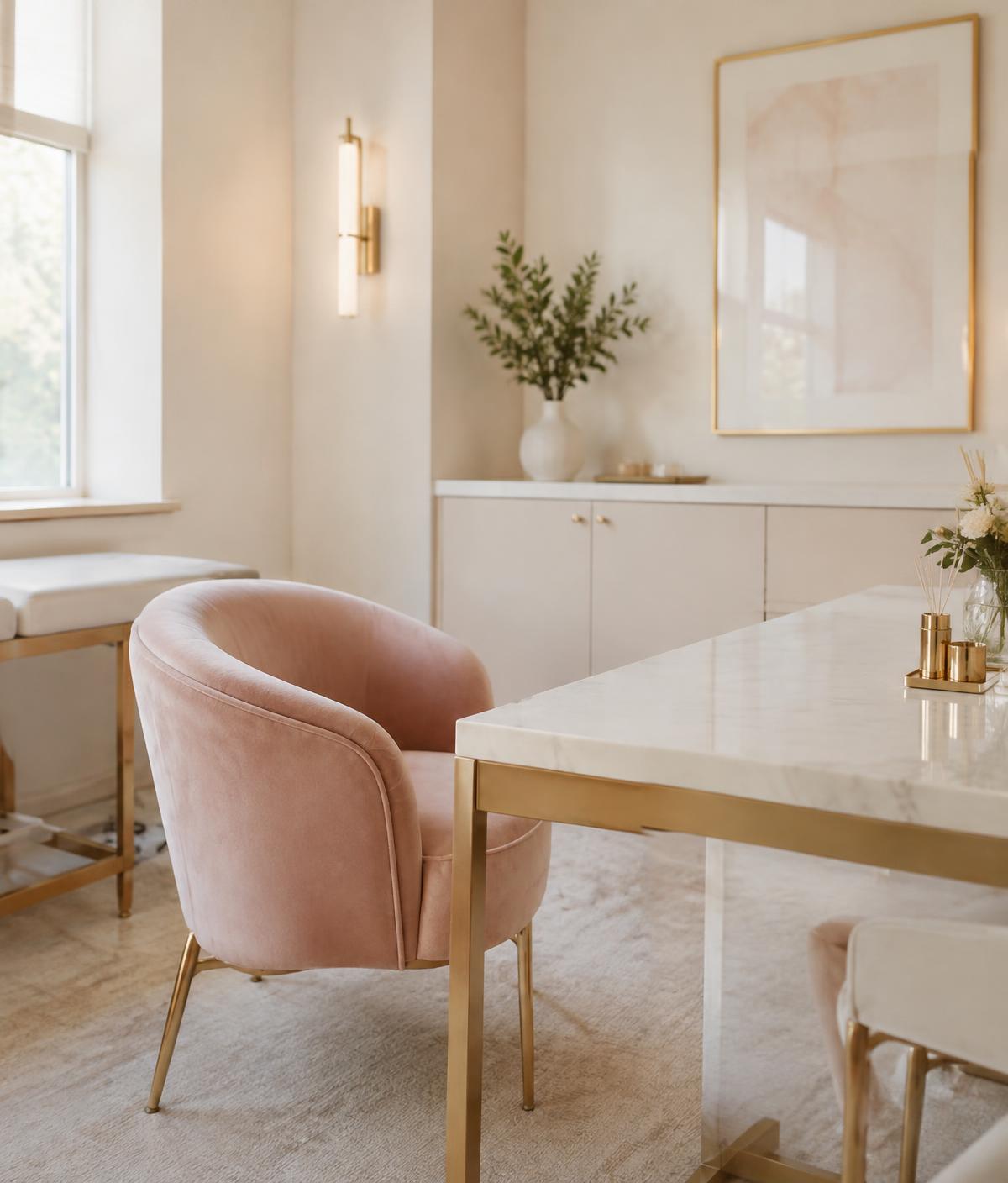 Ivory consultation room with blush velvet chair